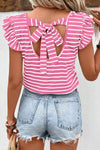 Tied Striped V-Neck Cap Sleeve T-Shirt