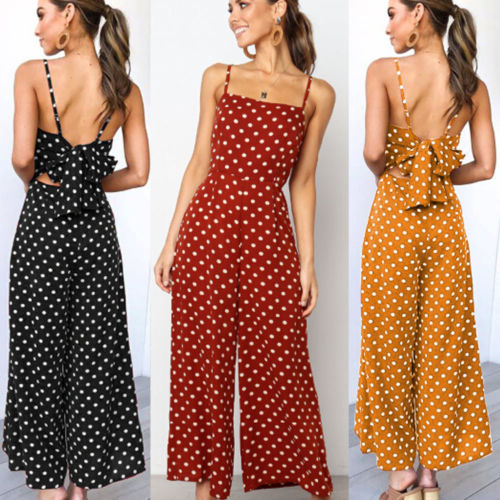 Elegant Sleeveless Polka Dot Jumpsuit with Bow Back, Loose Baggy Pants and Backless Design