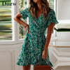 Boho Beach Dress - Women&#39;s Floral Print V Neck Ruffle Mini Dress