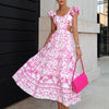 Stylish Summer Printed Dress with Padded Shoulders and Hollow Cutout Design